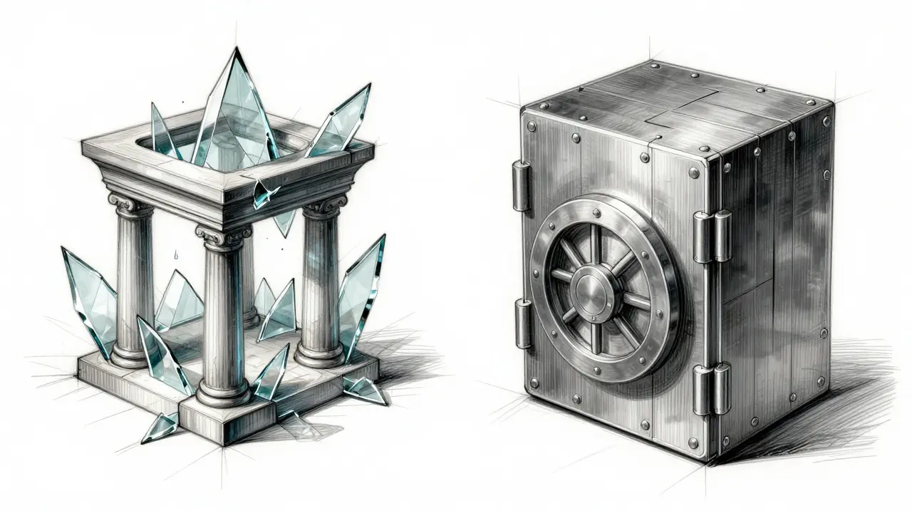 Conceptual sketch comparing fragile banking risks to solid crypto vaults