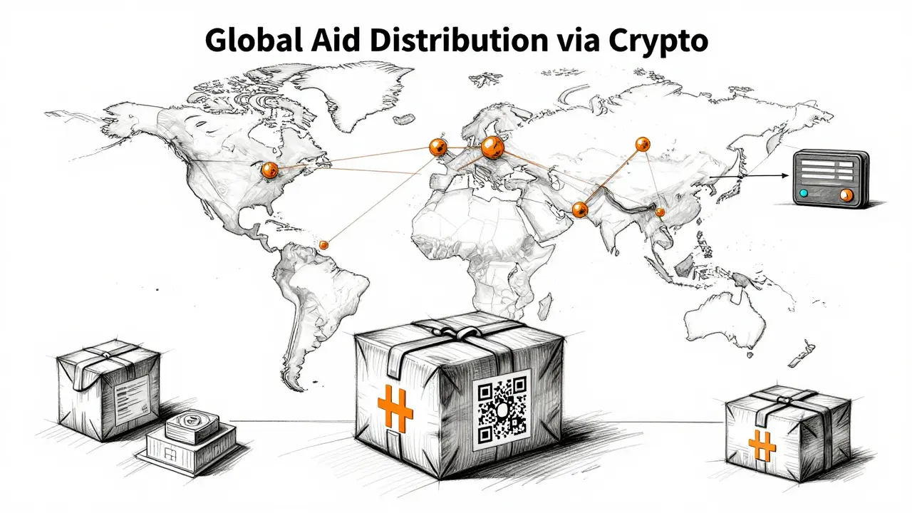 Design drawing of crypto-aid packages with global distribution nodes