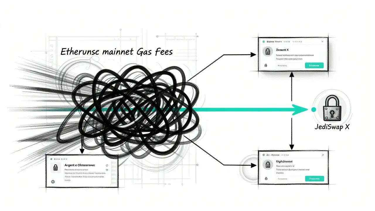 Design sketch comparing slow Ethereum fees vs fast JediSwap swaps