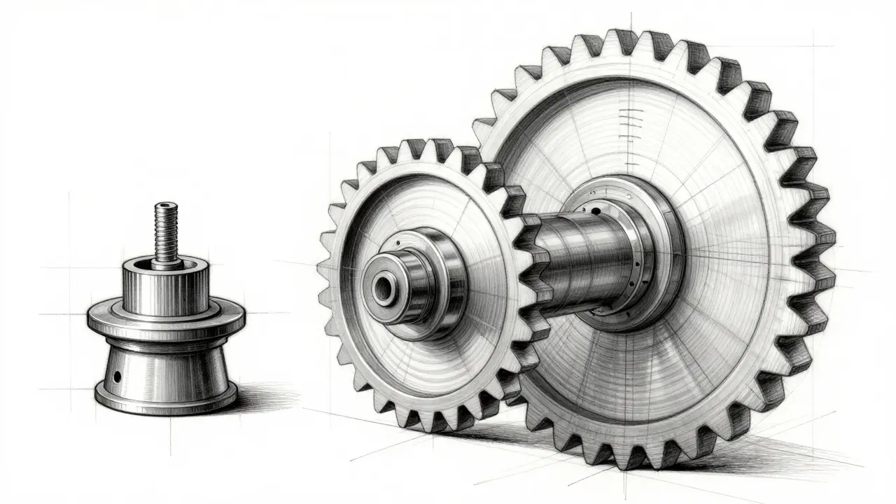 Design sketch contrasting a small niche component with large global machinery gears