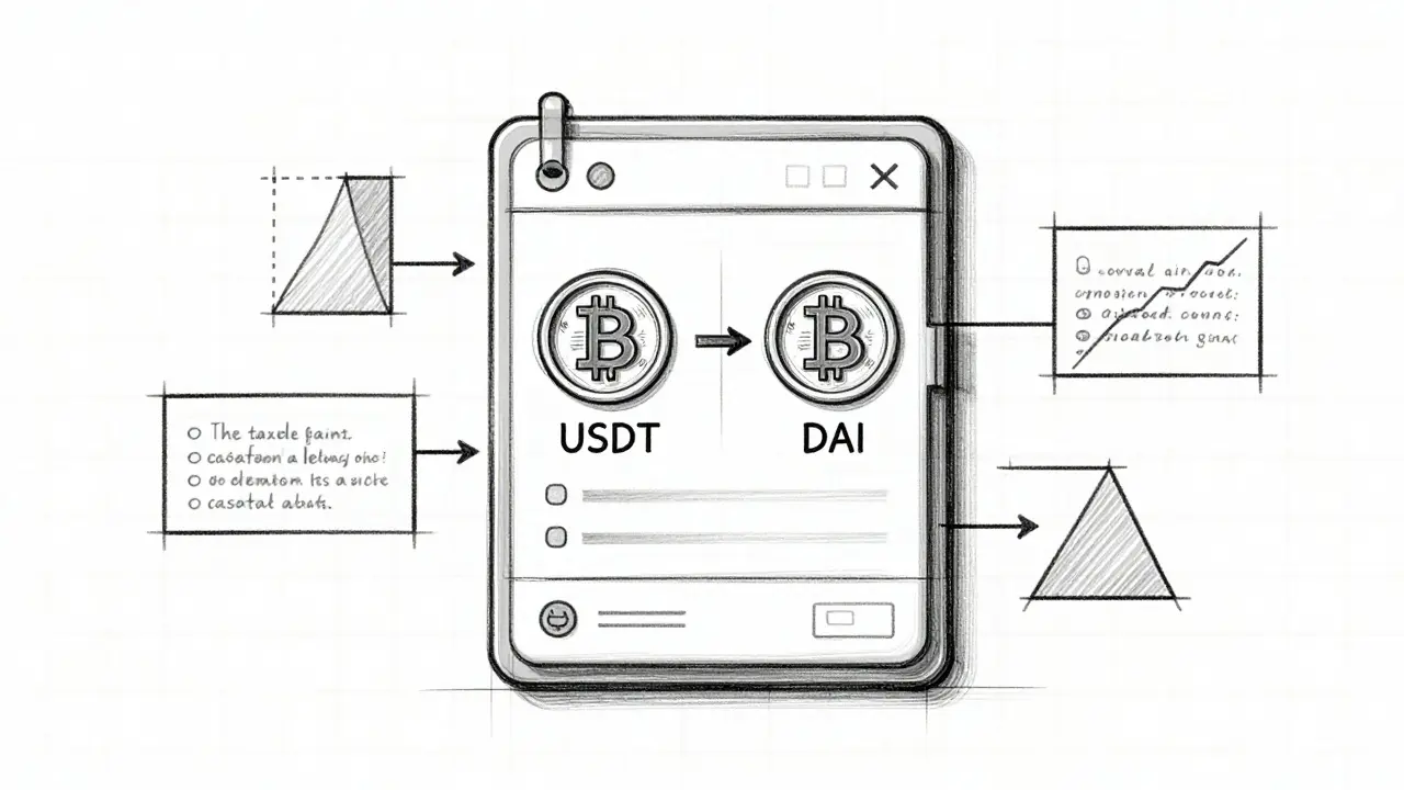 Design sketch illustrating crypto tax ledger and stablecoin shift