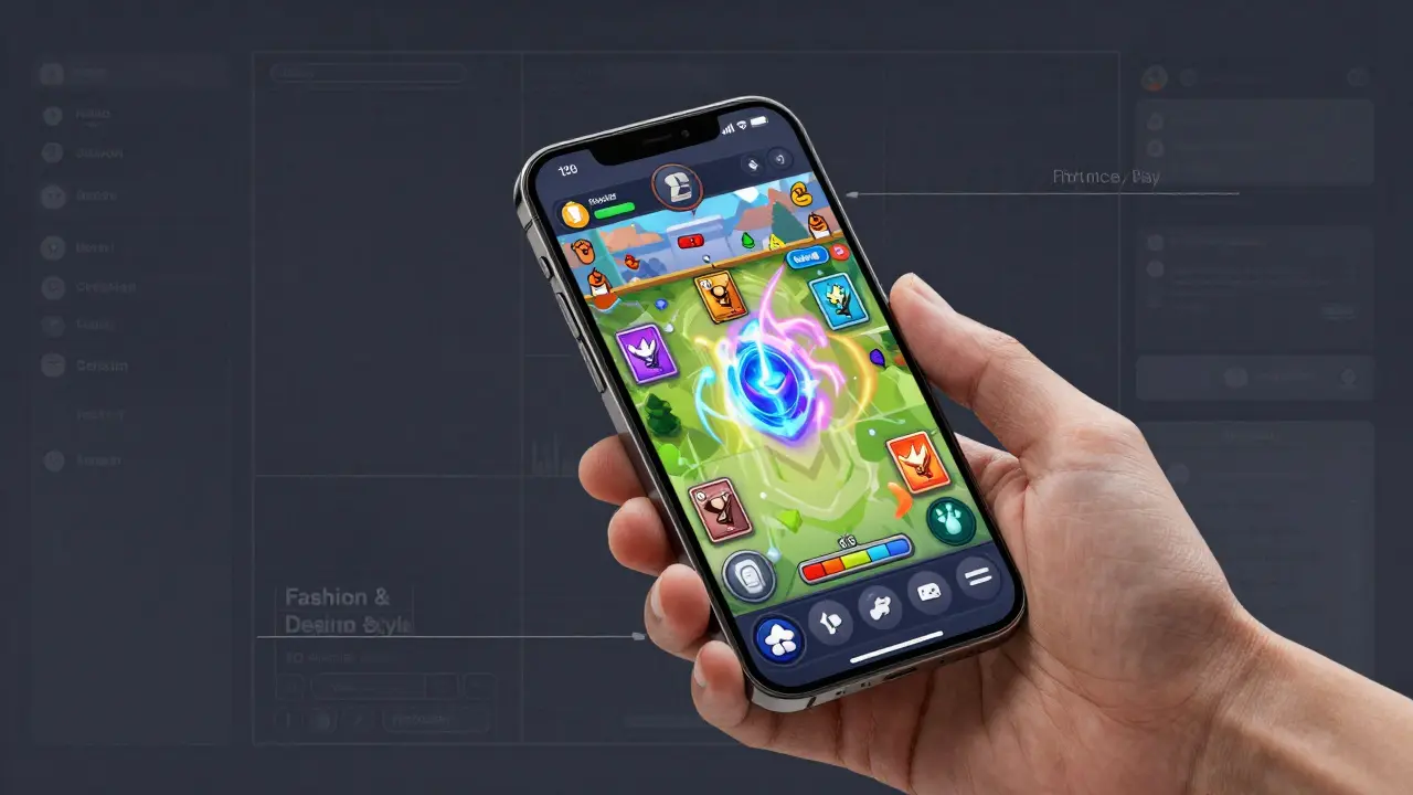 Design sketch of a mobile Web3 trading card game interface on a phone