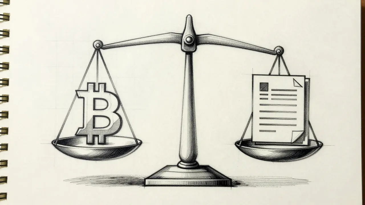 Design sketch of balance scale weighing crypto against tax compliance documents.