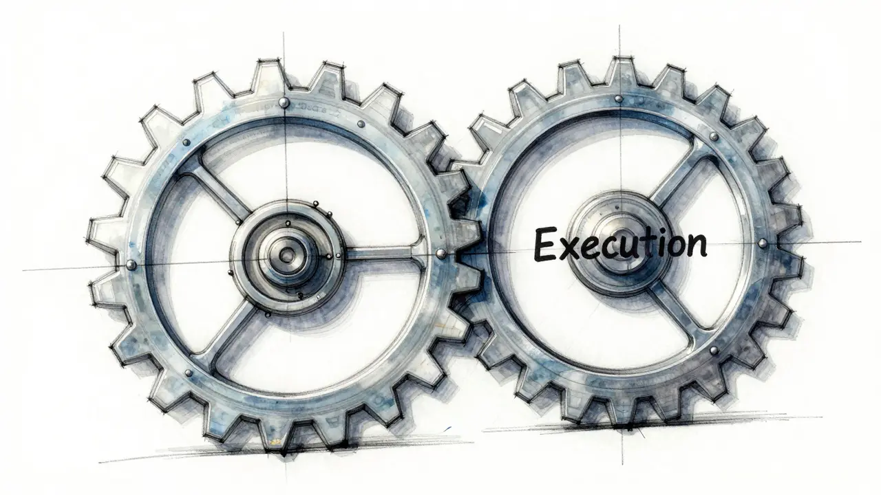 Design sketch of interlocking gears symbolizing automated smart contract execution