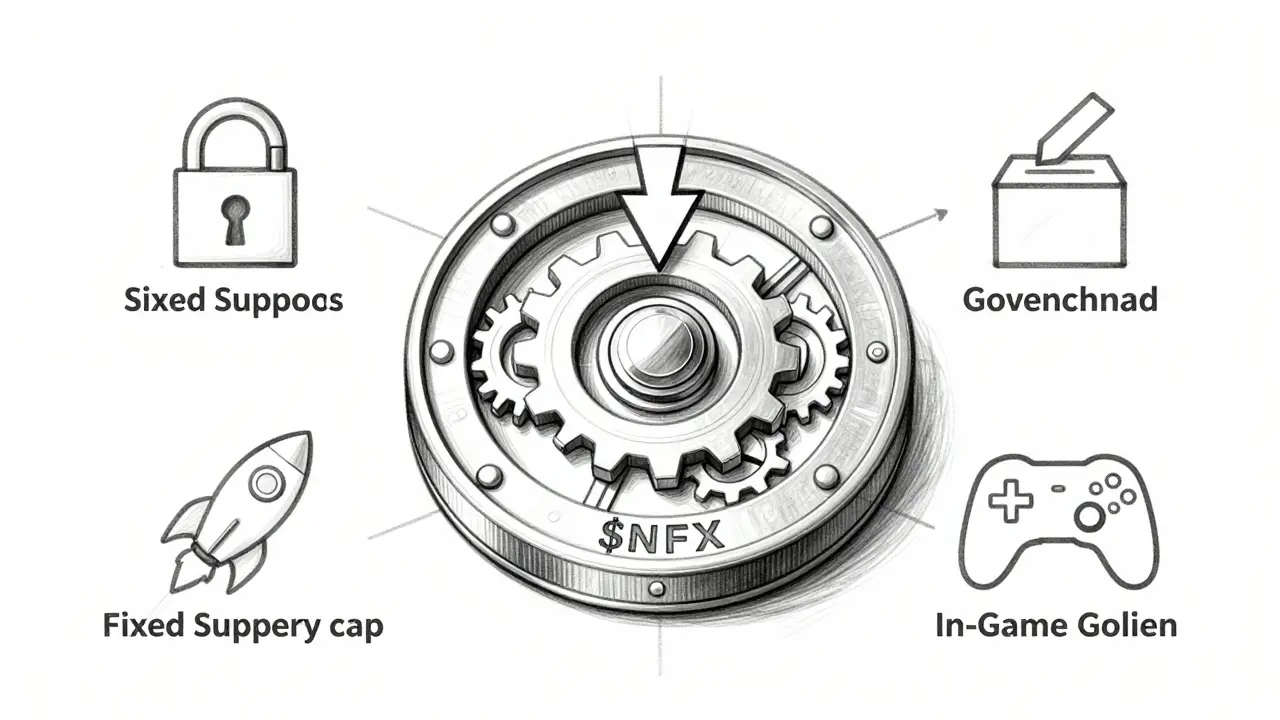 Design sketch of NFX token mechanics including staking and utility