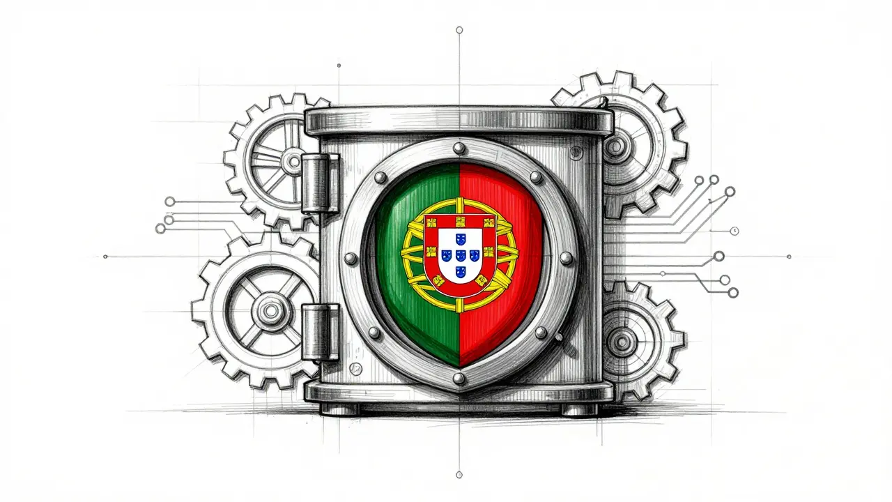Design sketch of secure digital vault with Portuguese motifs