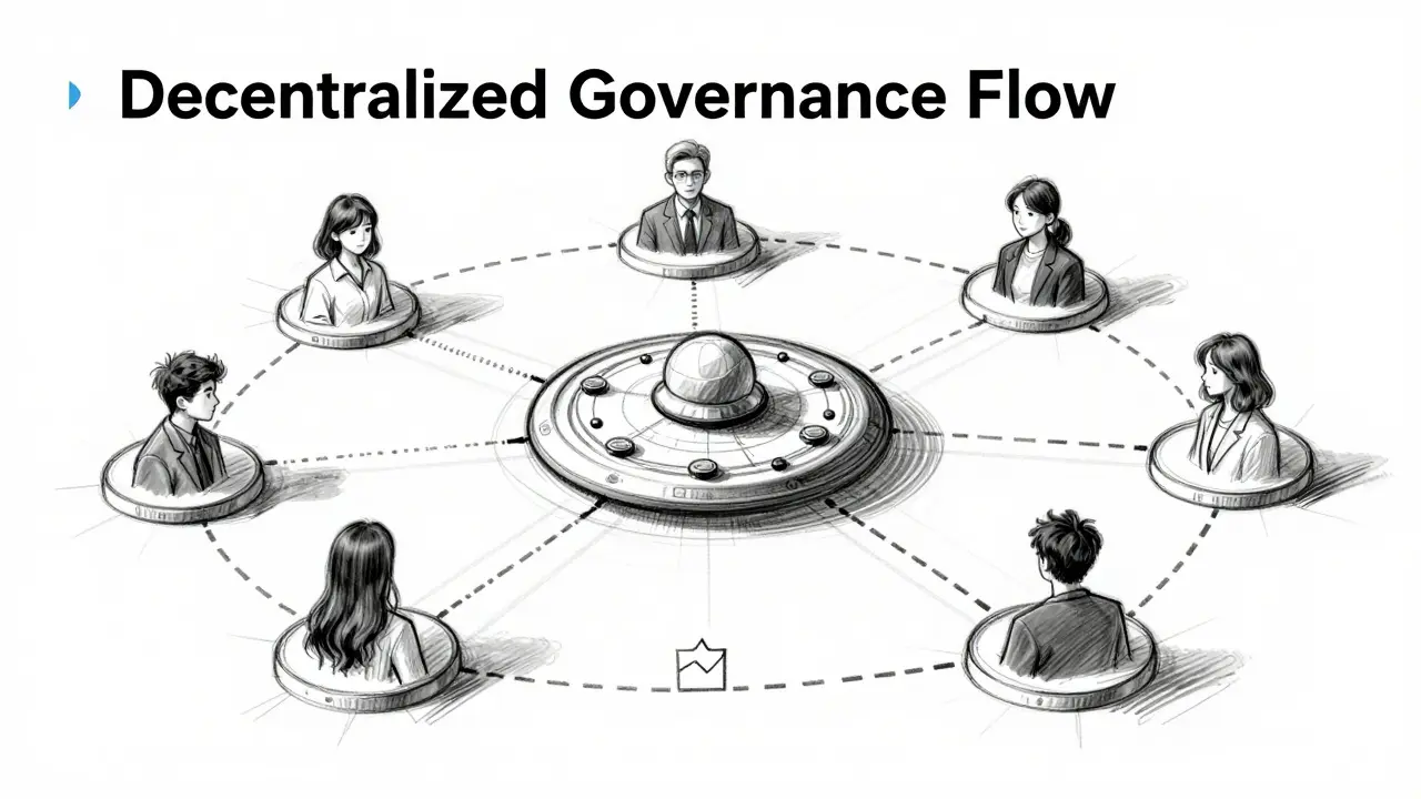 Design sketch showing decentralized governance and voting flow