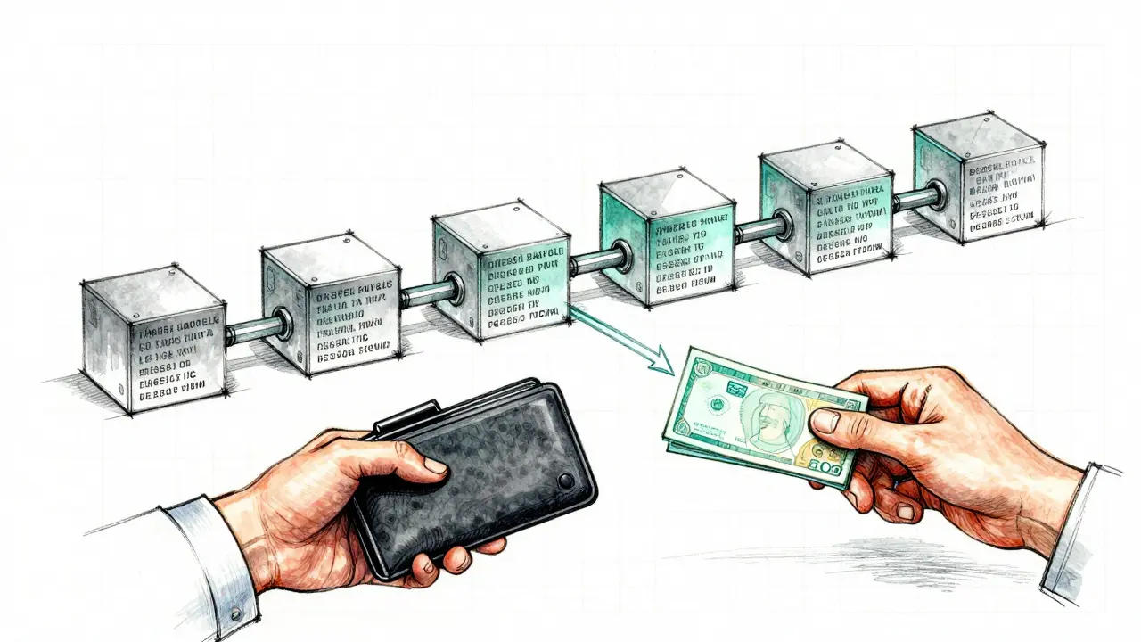Design sketch showing immutable blockchain blocks locking together securely