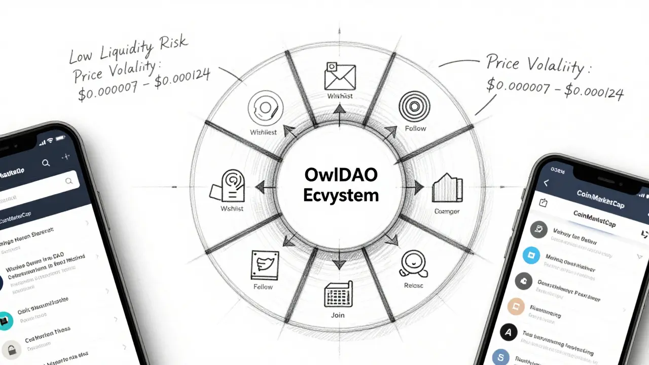 Detailed product design sketch showing nine-step verification process for OwlDAO tokens with ecosystem diagram and price volatility notes