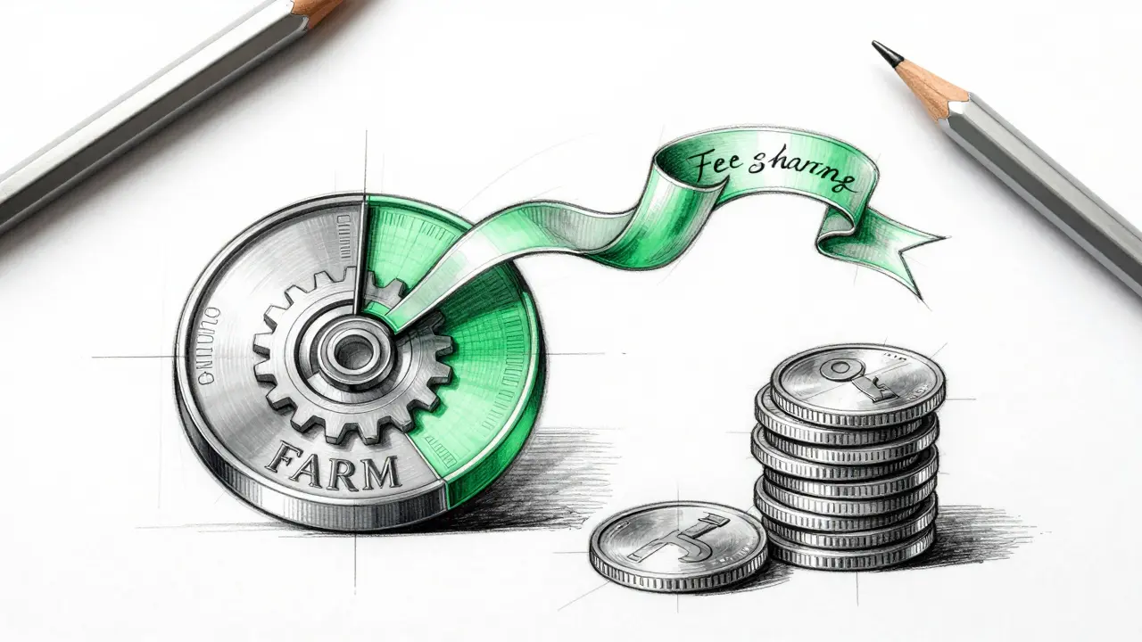 Exploded design sketch showing FARM token utility components