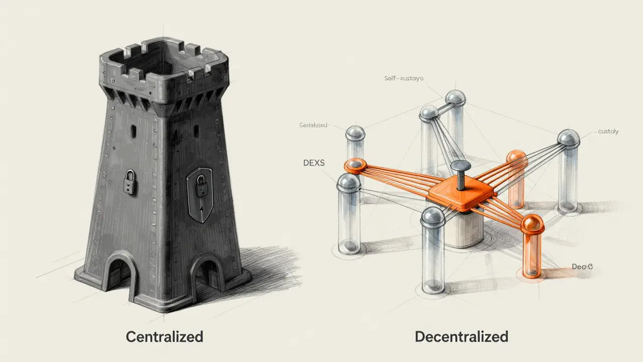 Exploded view sketch comparing centralized vs decentralized structures