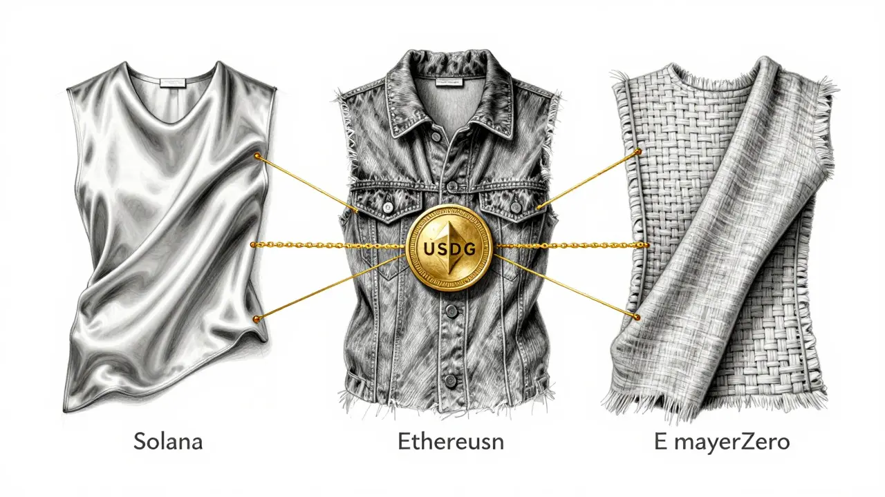 Fashion-style sketch of USDG bridging different blockchain fabrics via golden threads