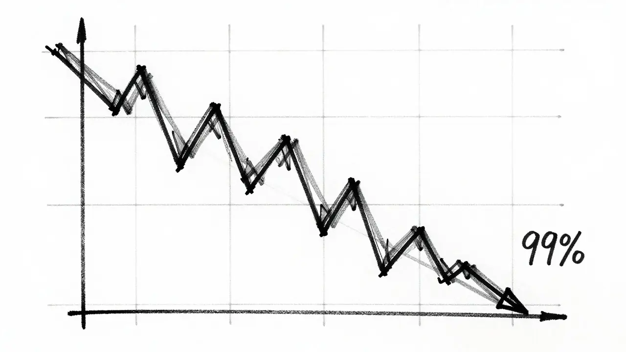 Line drawing of a fractured crystal showing market decline