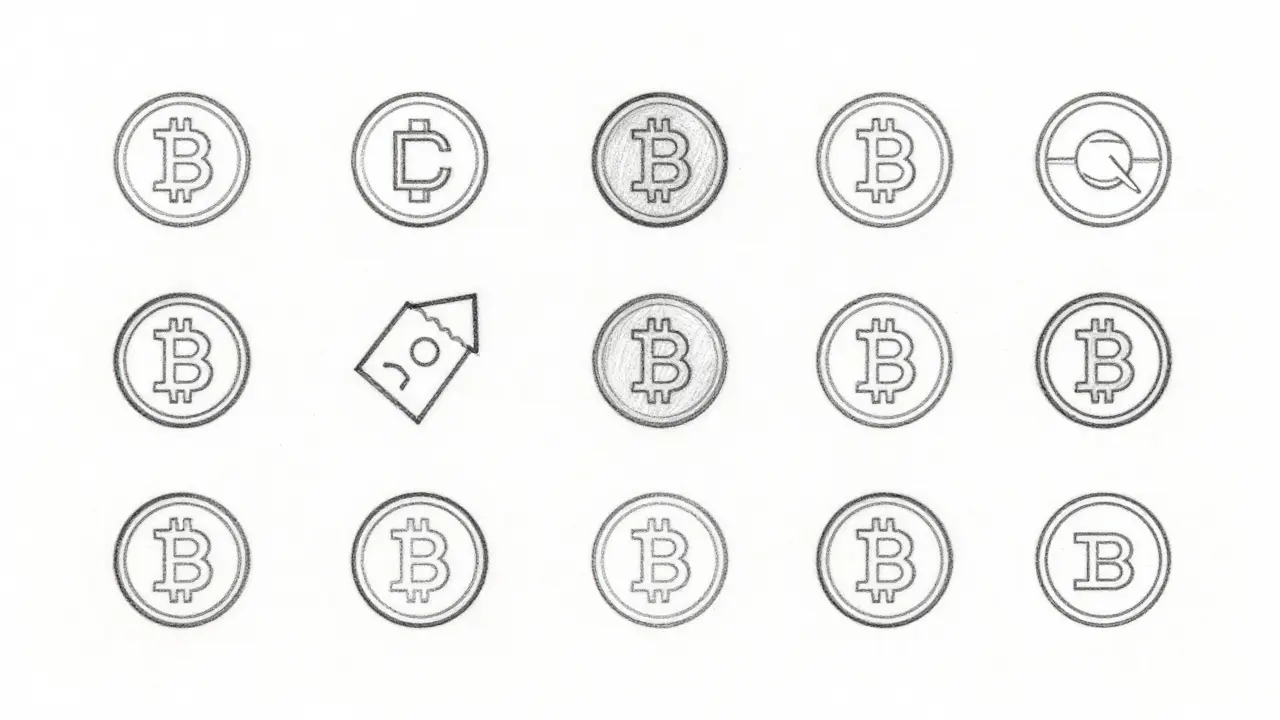 Minimalist sketch of selected cryptocurrency icons arranged in a neat grid