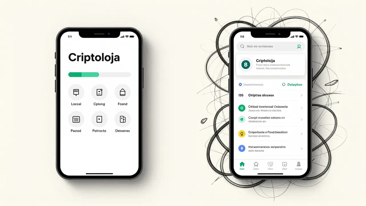 Sketch comparing simple local crypto app vs complex global one