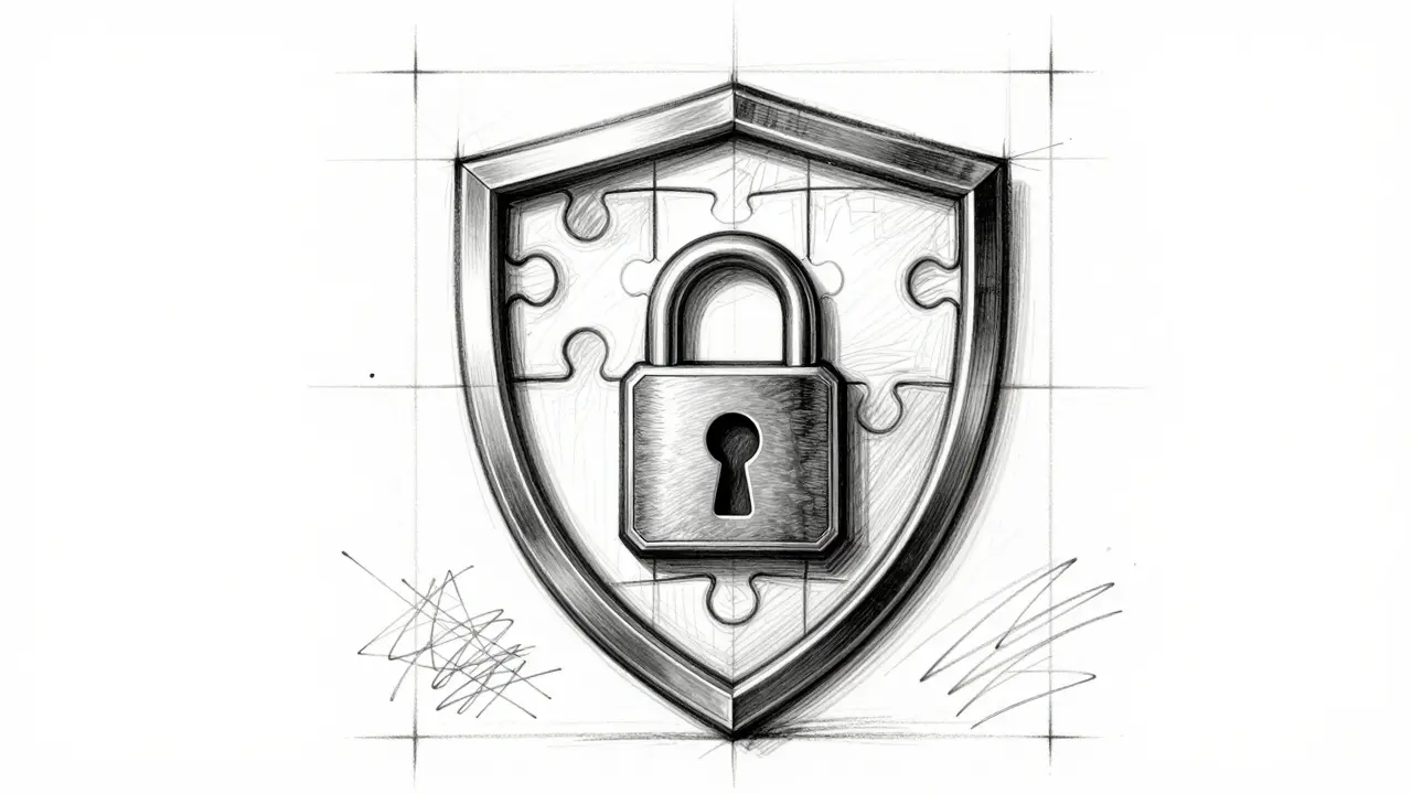 Stylized design sketch of security shield protecting against crypto scams