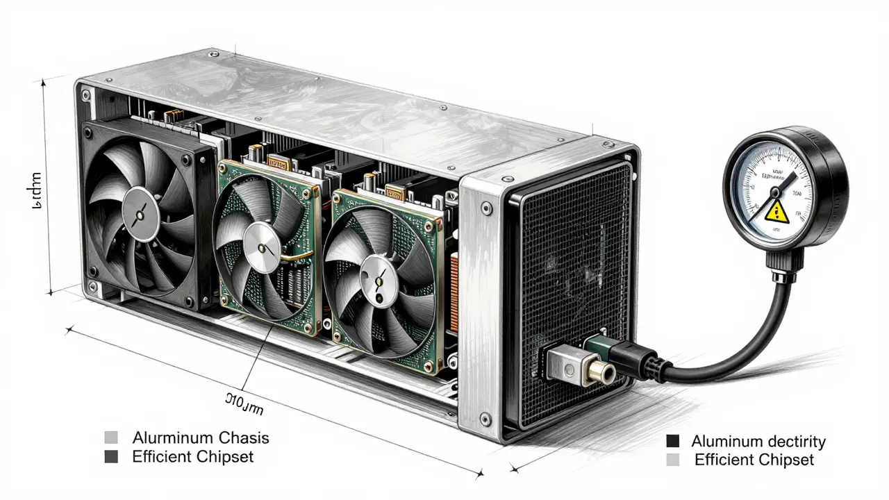 Technical drawing of a mining rig with power tariff indicators