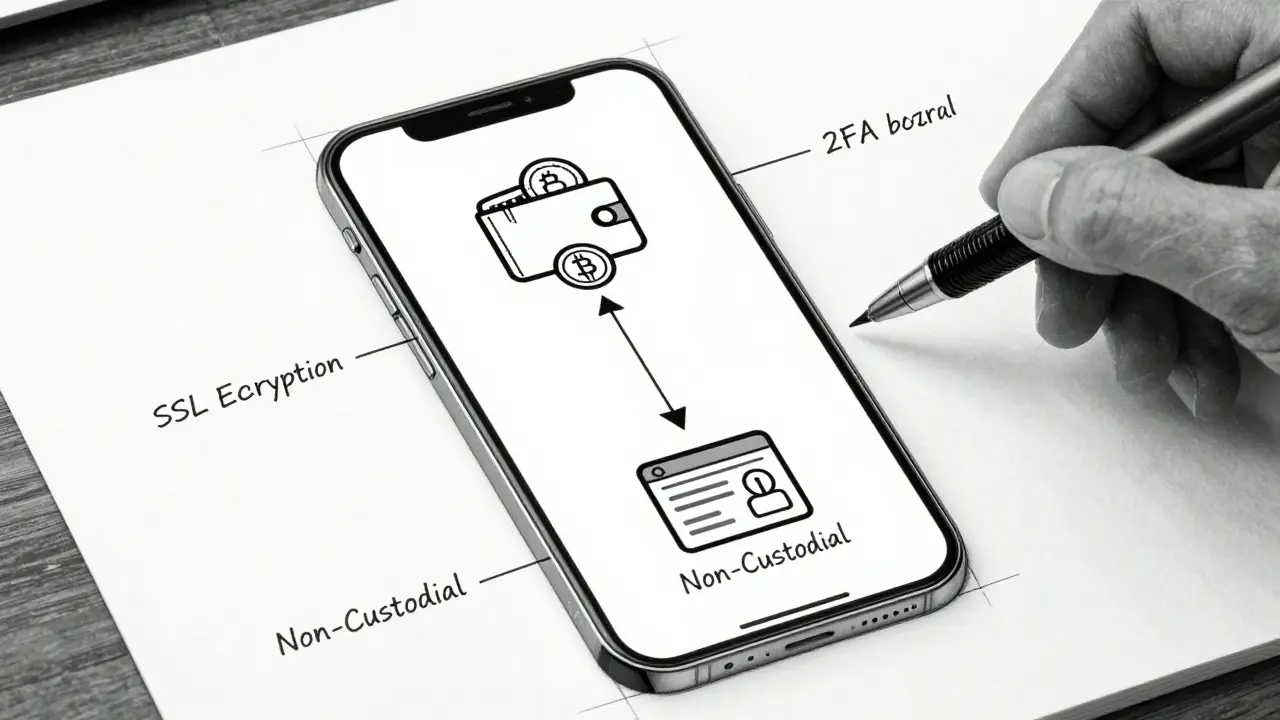 Technical drawing of a non-custodial crypto-to-fiat transaction flow.