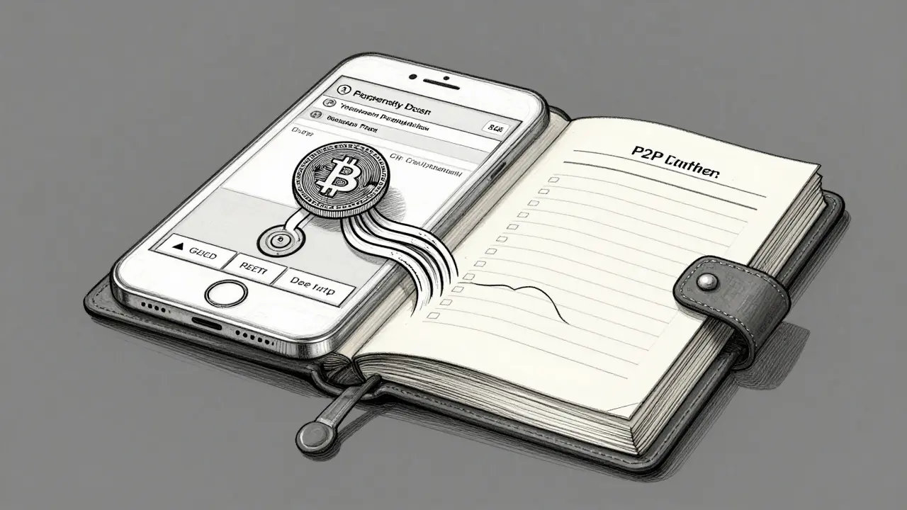 Technical sketch of digital wallet merging with traditional tax ledger book.