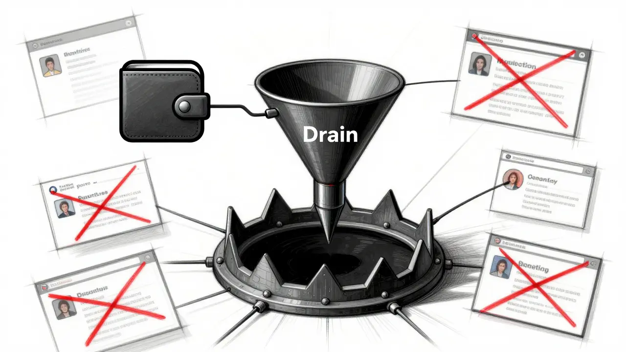 Technical sketch of wallet drain mechanism showing crypto scam trap.