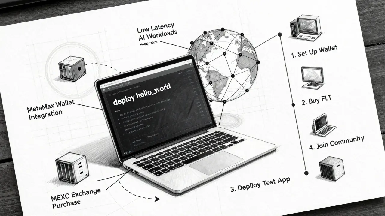 A detailed design sketch illustrating the user journey for deploying apps on a decentralized network, including wallet setup and community support steps.