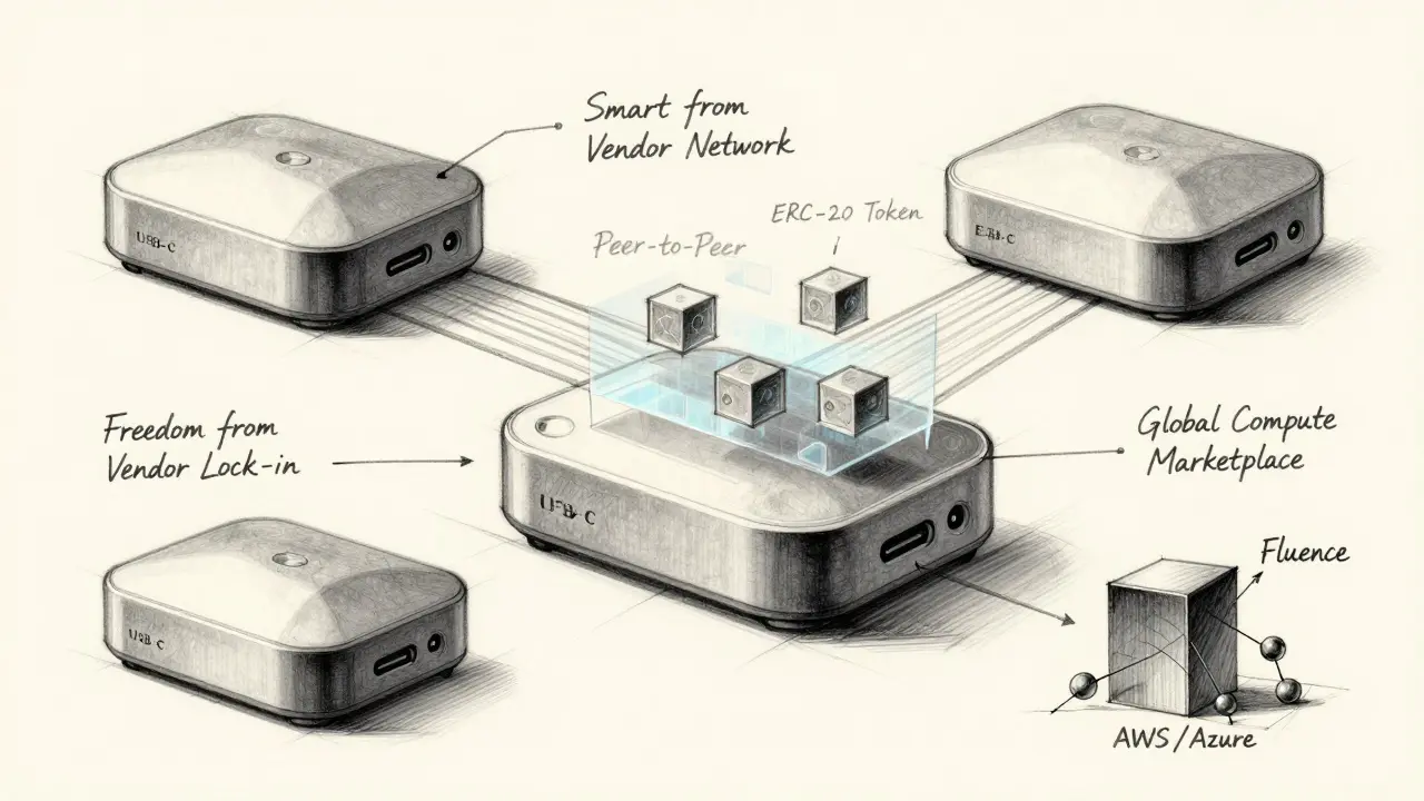 An artistic industrial design sketch comparing centralized vs decentralized cloud providers, featuring a sleek compute node and blockchain overlays.