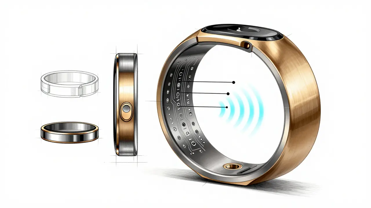 An avant-garde design blueprint for a wearable crypto trading device, illustrated in a high-fashion editorial style with exploded views and premium material indicators.