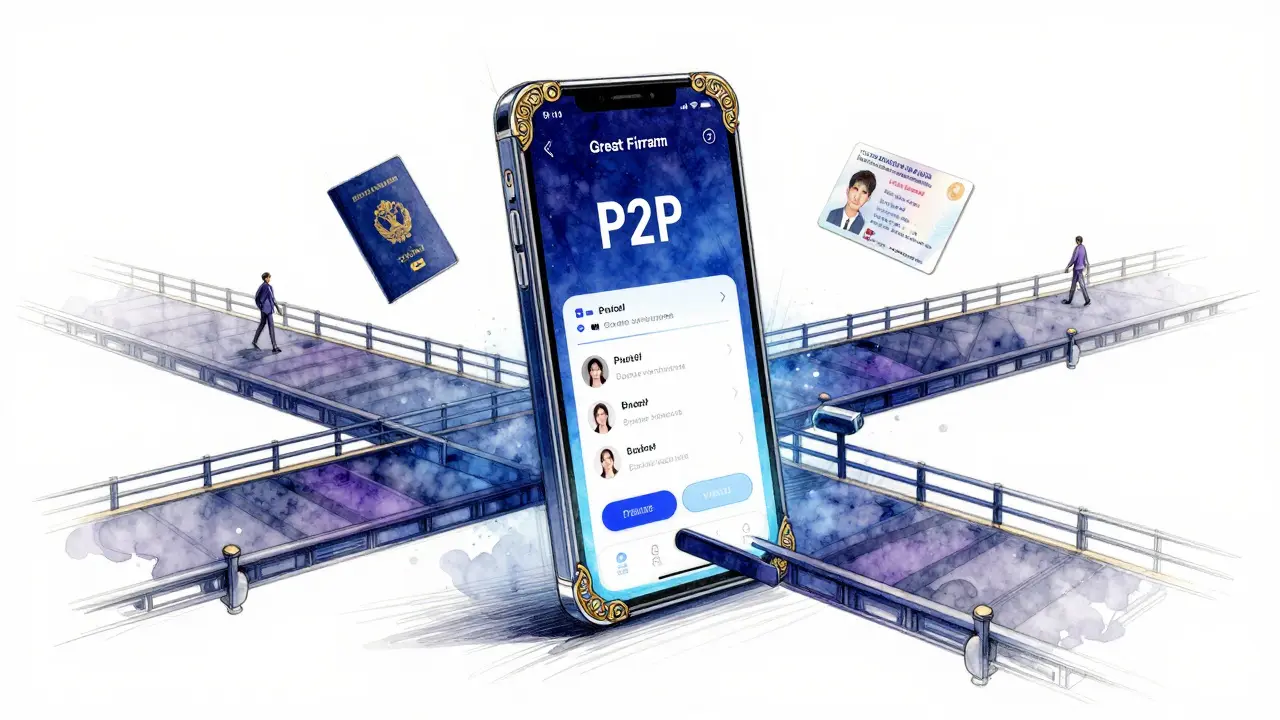 Artistic illustration of a user accessing offshore crypto exchanges via a digital bridge, featuring P2P trading screens and floating identity documents, styled with watercolor and pencil in a luxury aesthetic.