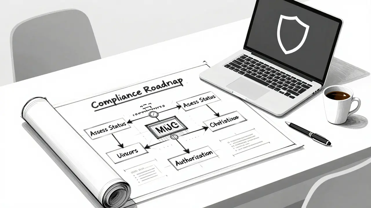 Blueprint sketch of a compliance roadmap on an office desk