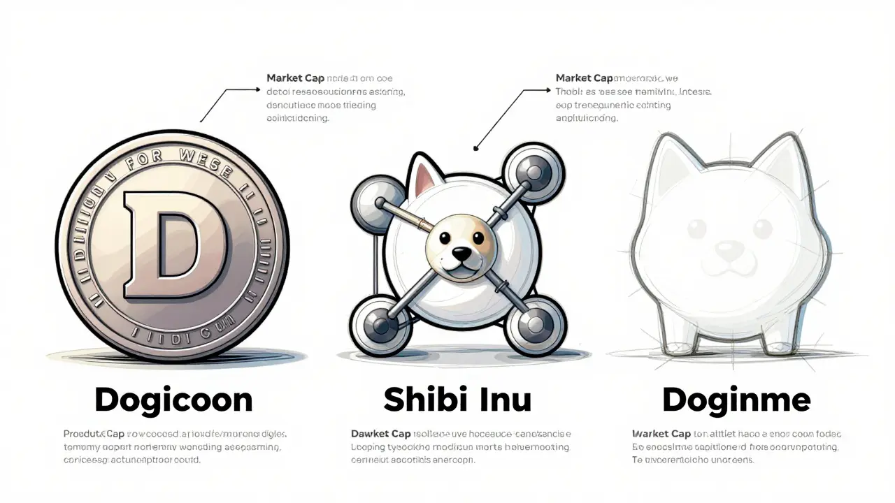 Comparative design sketches of Dogecoin, Shiba Inu, and Doginme