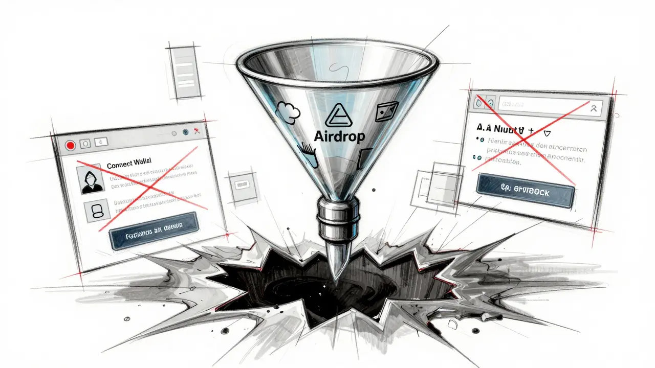 Conceptual sketch of a phishing funnel draining digital assets