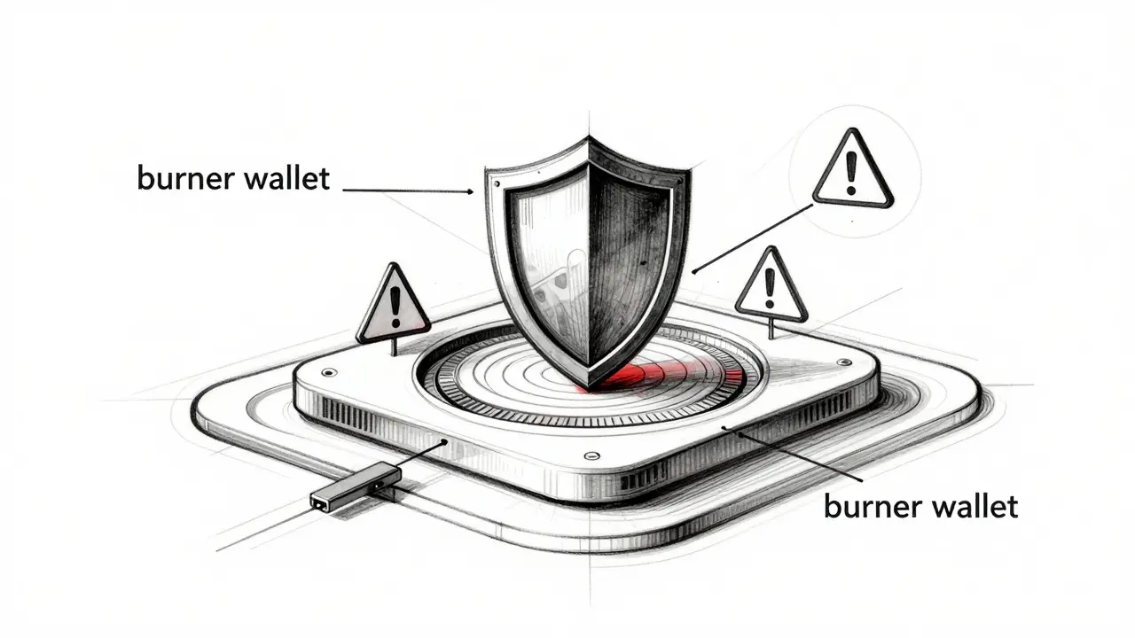 Conceptual sketch of burner wallet security and safety layers