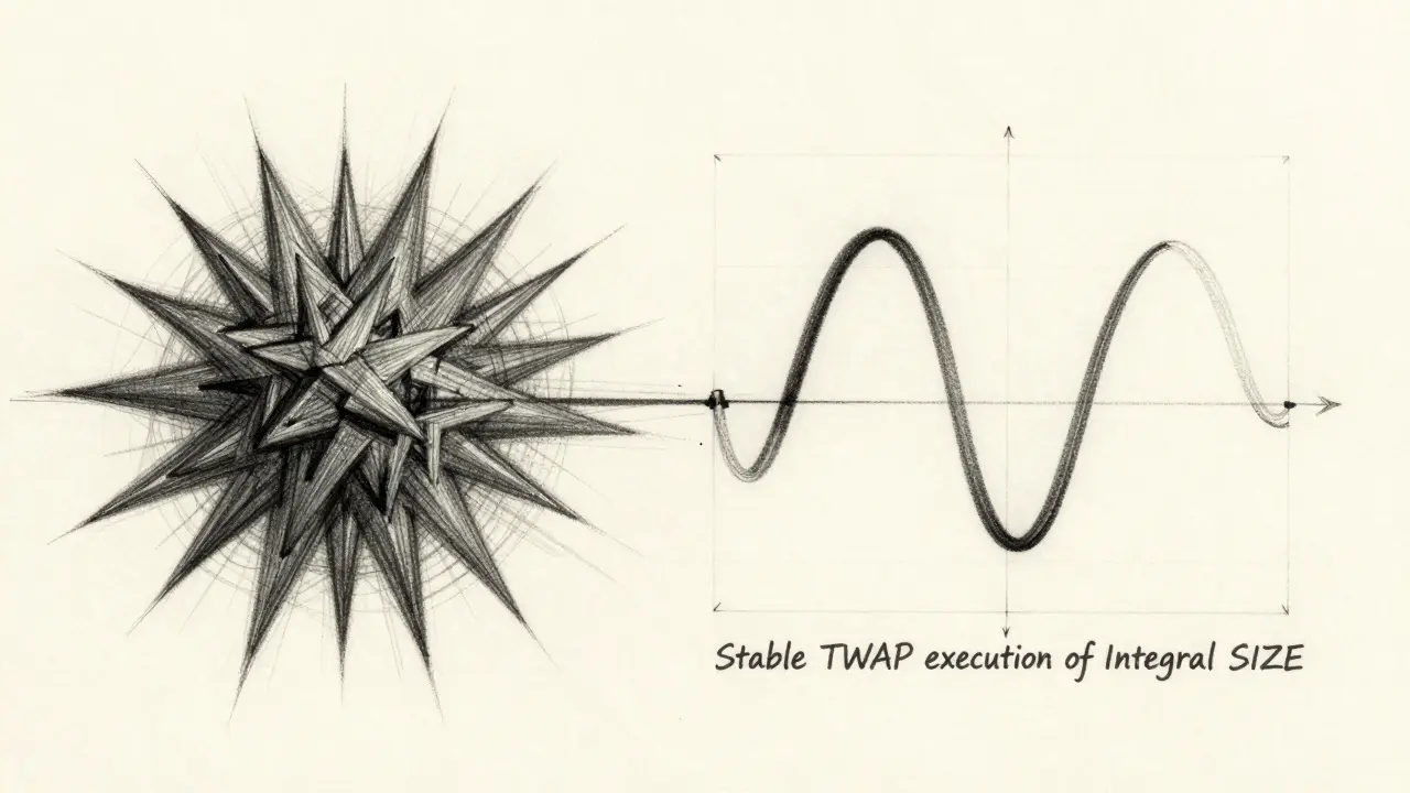 Design sketch comparing volatile market spikes to smooth TWAP execution