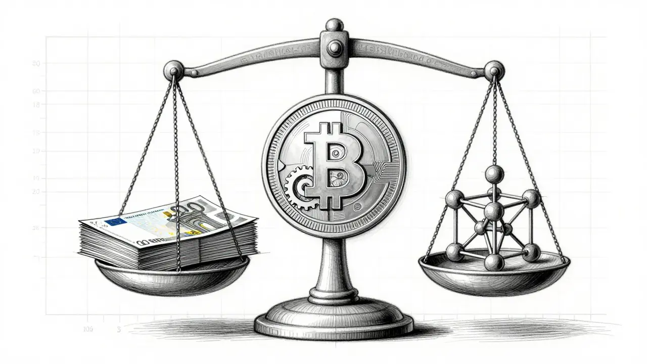 Design sketch of a stablecoin on a balance scale with euro notes