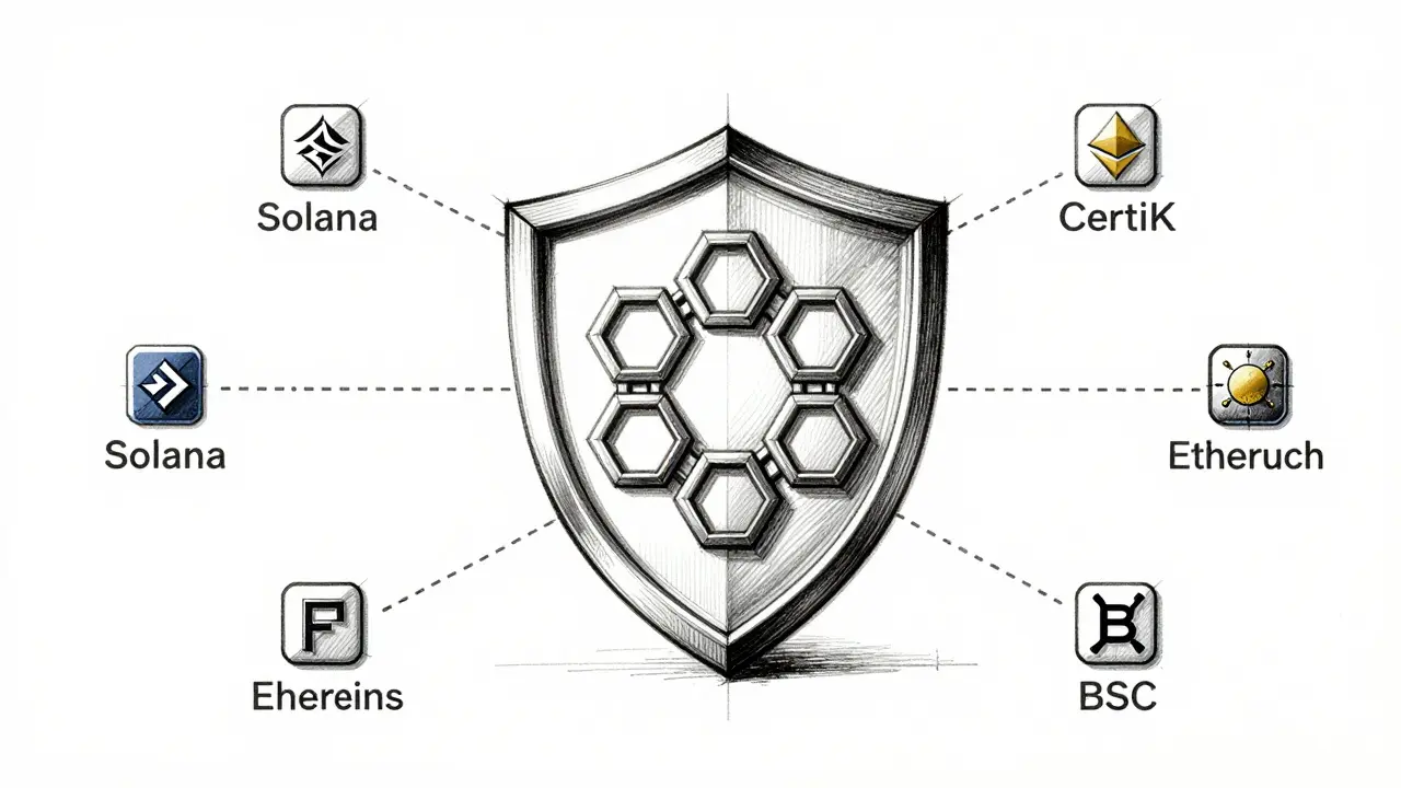 Design sketch of blockchain security shield and multi-chain nodes