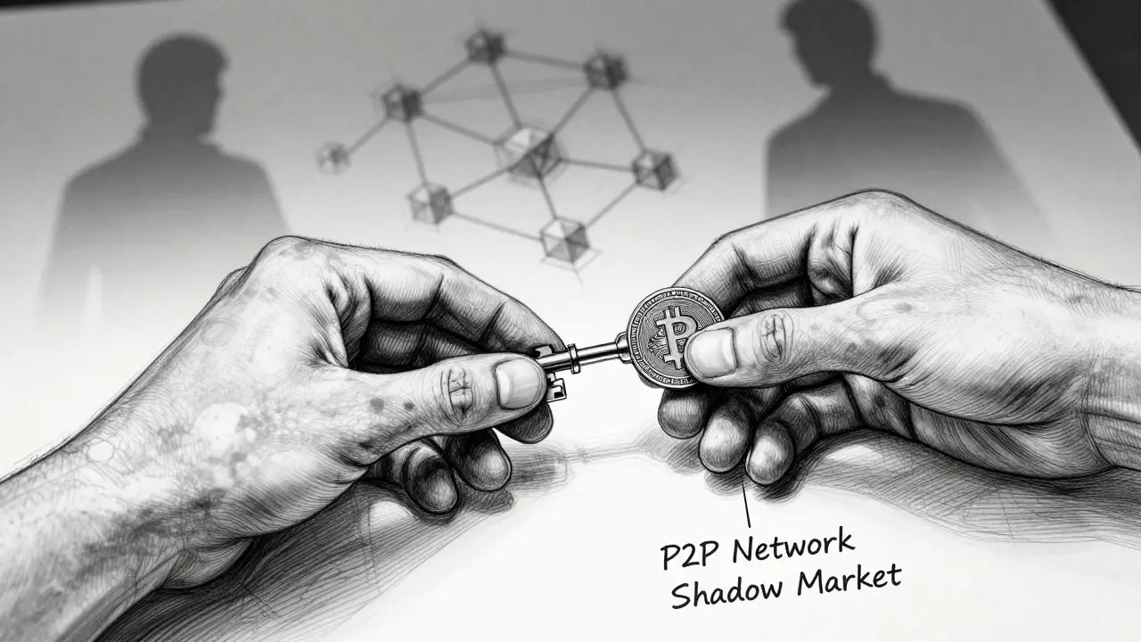 Design sketch of hands exchanging crypto token in shadows