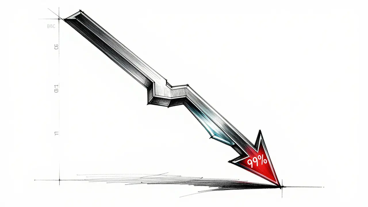 Design sketch showing a steep downward arrow symbolizing price crash
