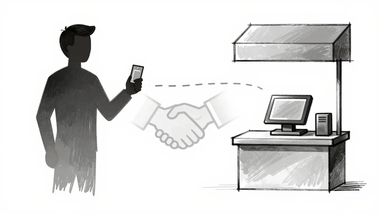 Design sketch showing disconnected consumer and merchant figures