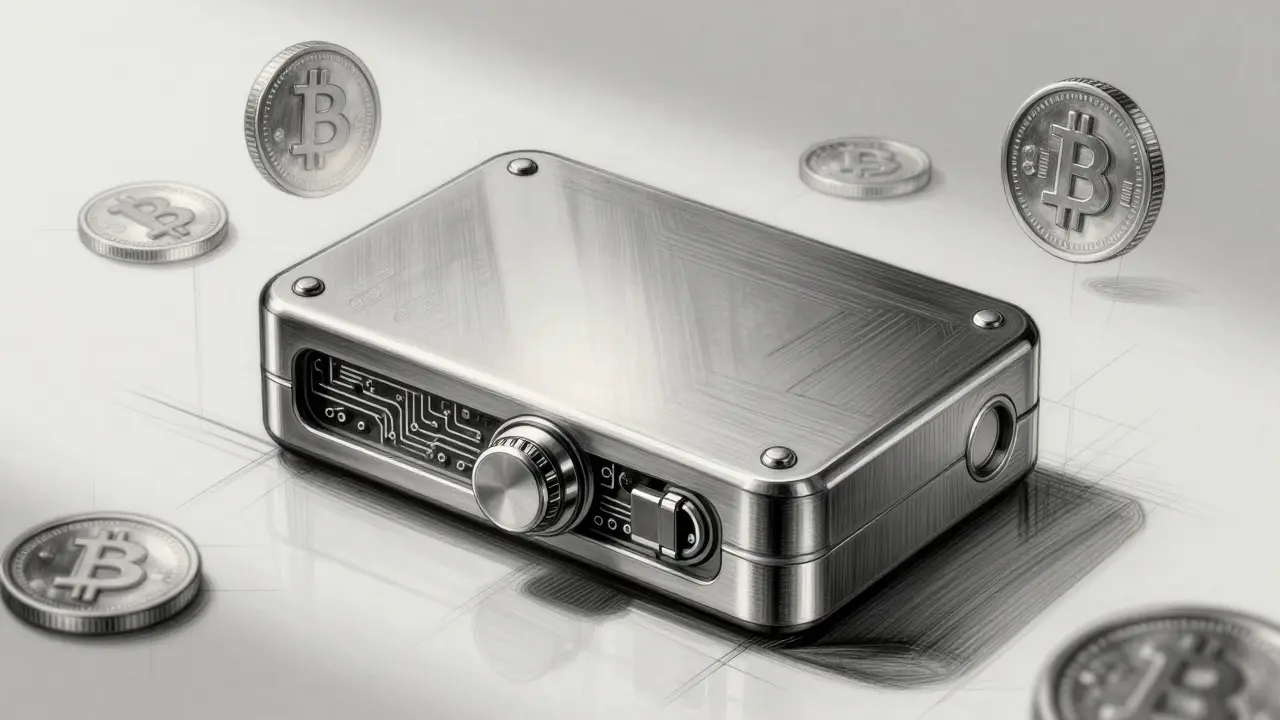 Detailed product sketch of a secure hardware wallet for crypto