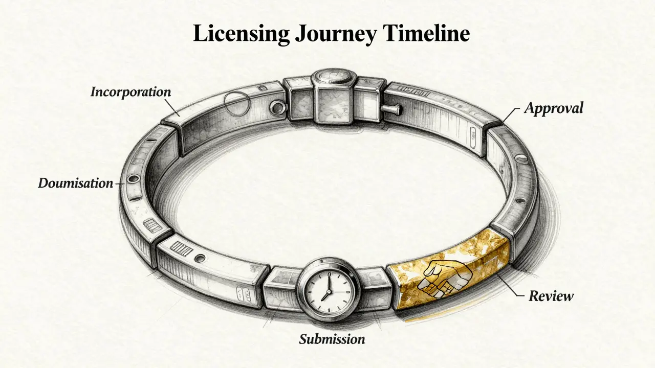 Fashion-style sketch of licensing timeline as a modular bracelet