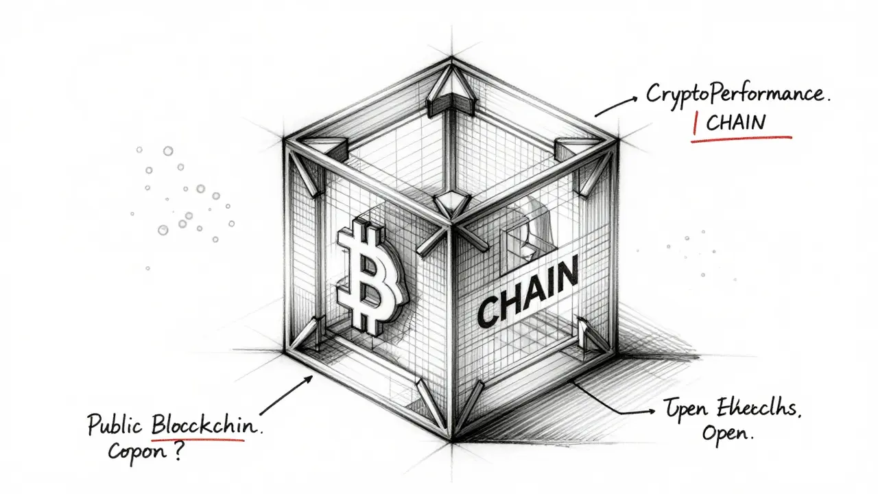 Sketch of enclosed blockchain cube contrasting with open networks