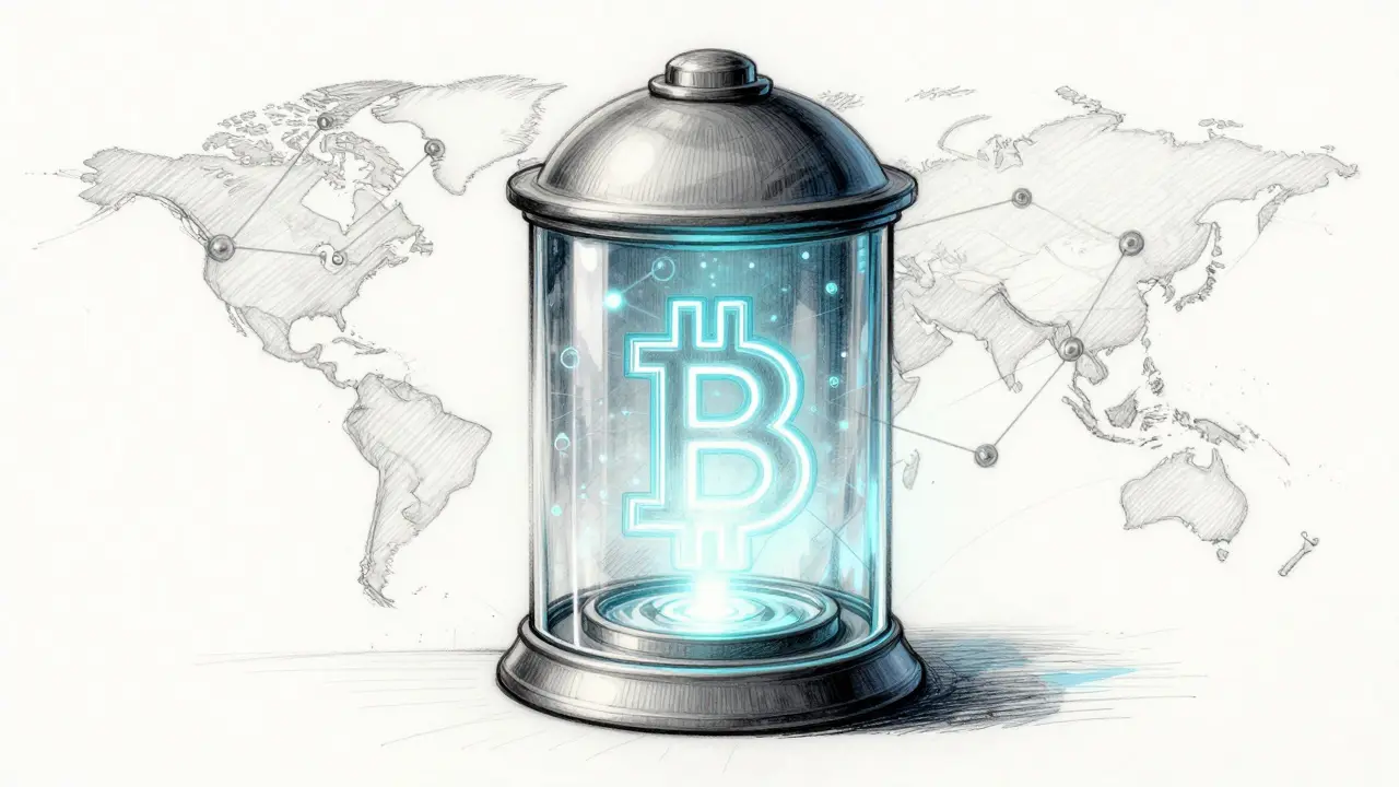 Sketch of transparent vault with crypto symbols showing transparency