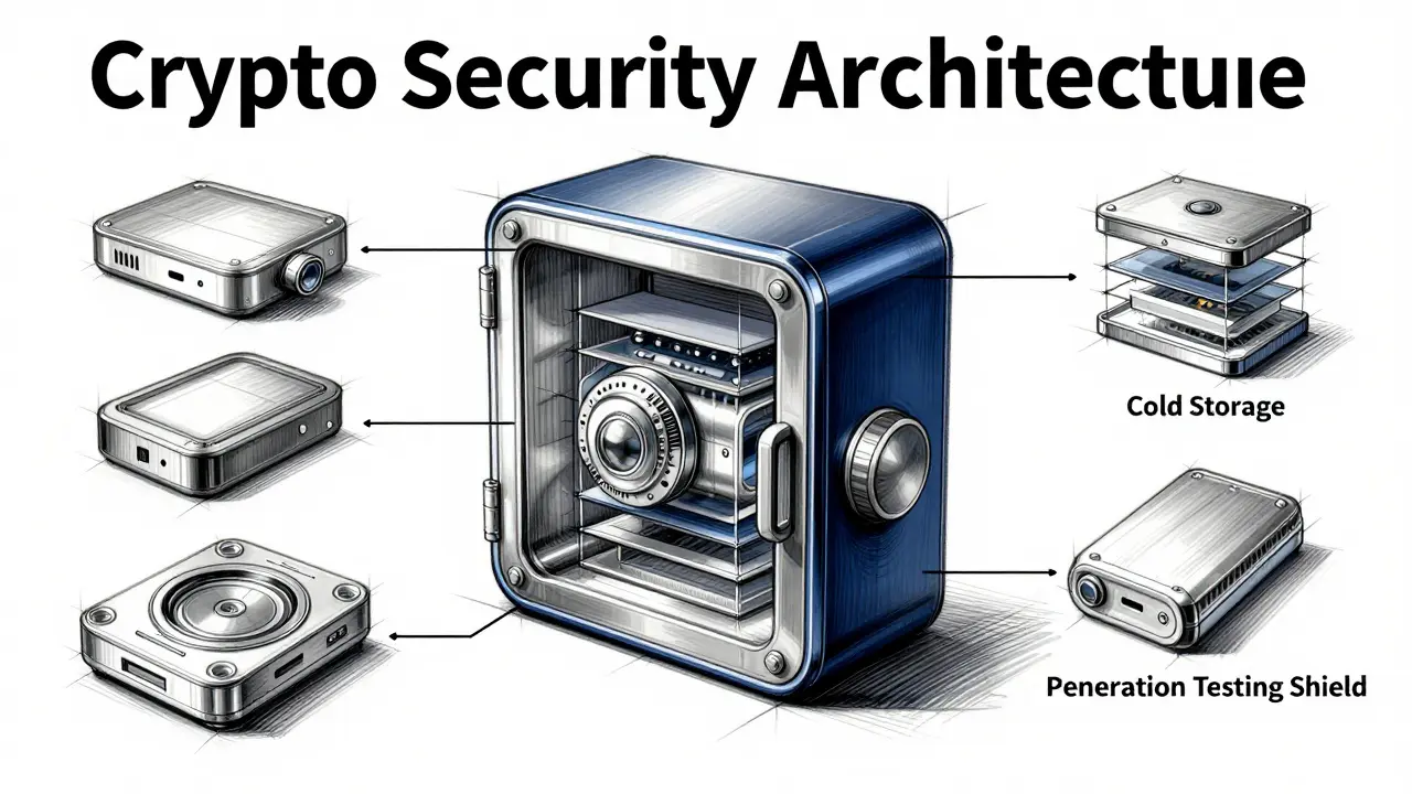 Technical drawing of crypto security vault showing cold storage layers