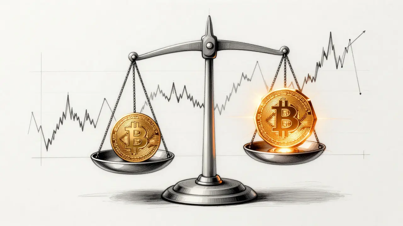 Technical sketch of a balance scale comparing fiat currency and crypto tokens