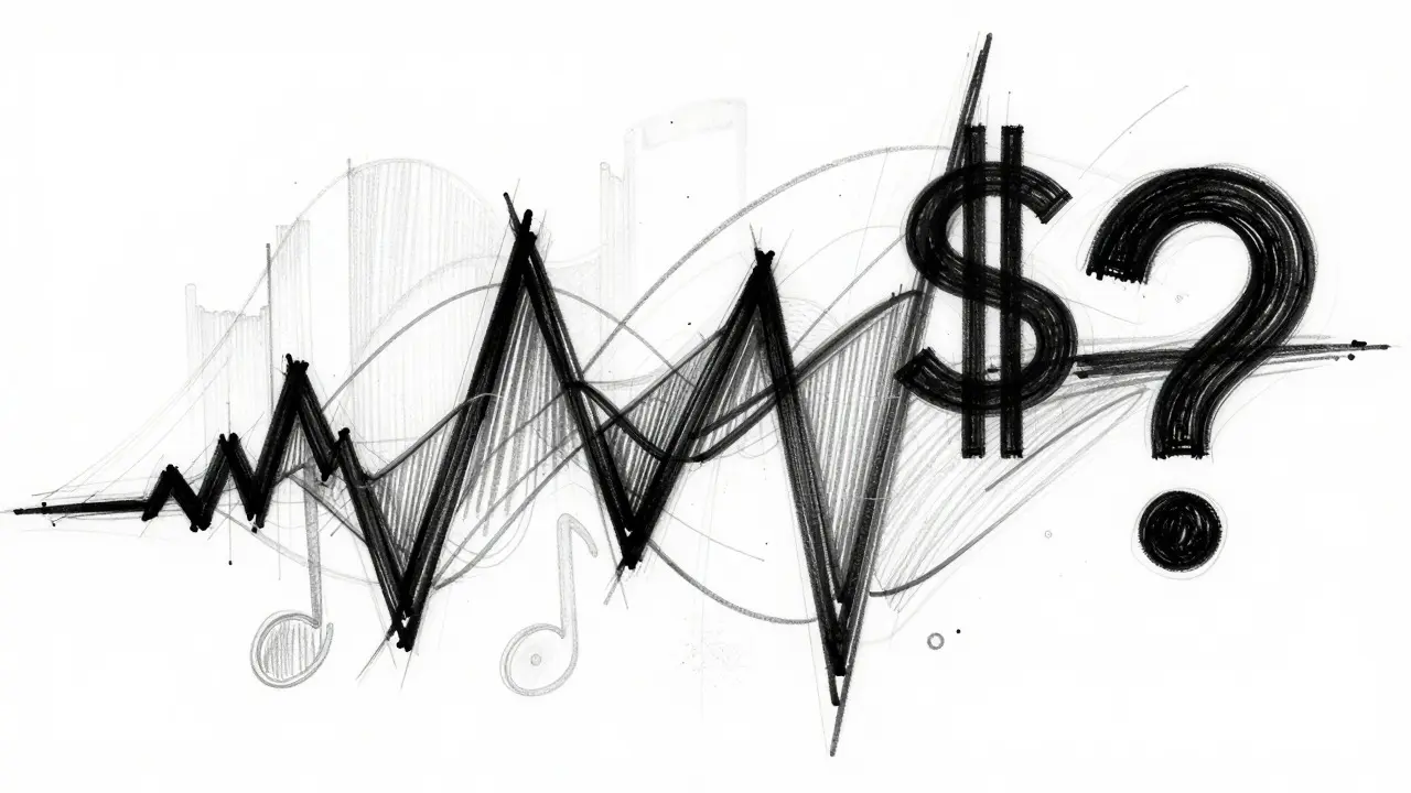 Abstract sketch combining market charts with musical waveforms