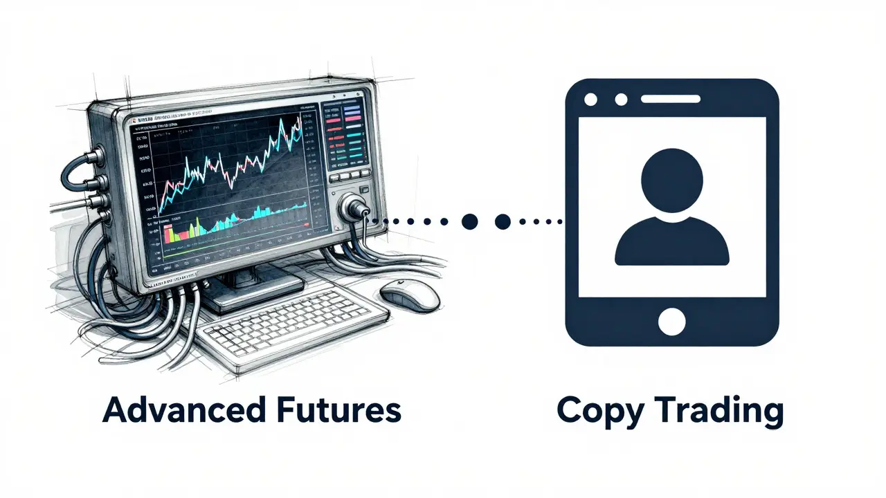Concept art comparing advanced futures trading vs copy trading
