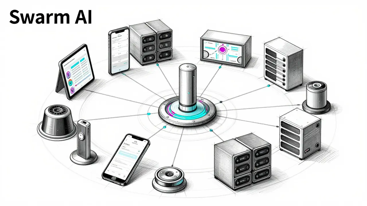 Design drawing of connected devices validating security via Swarm AI