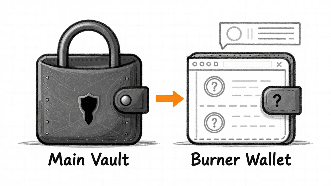 Design sketch comparing secure main wallet vs burner wallet