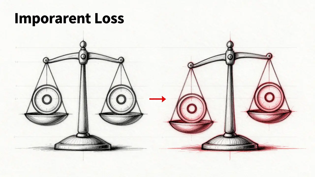 Design sketch illustrating impermanent loss with a tipped balance scale