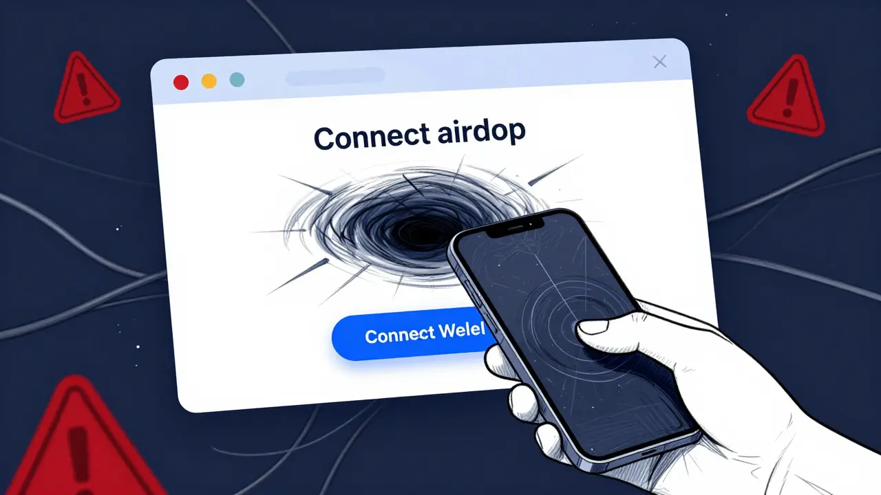 Design sketch of a fake airdrop scam draining funds